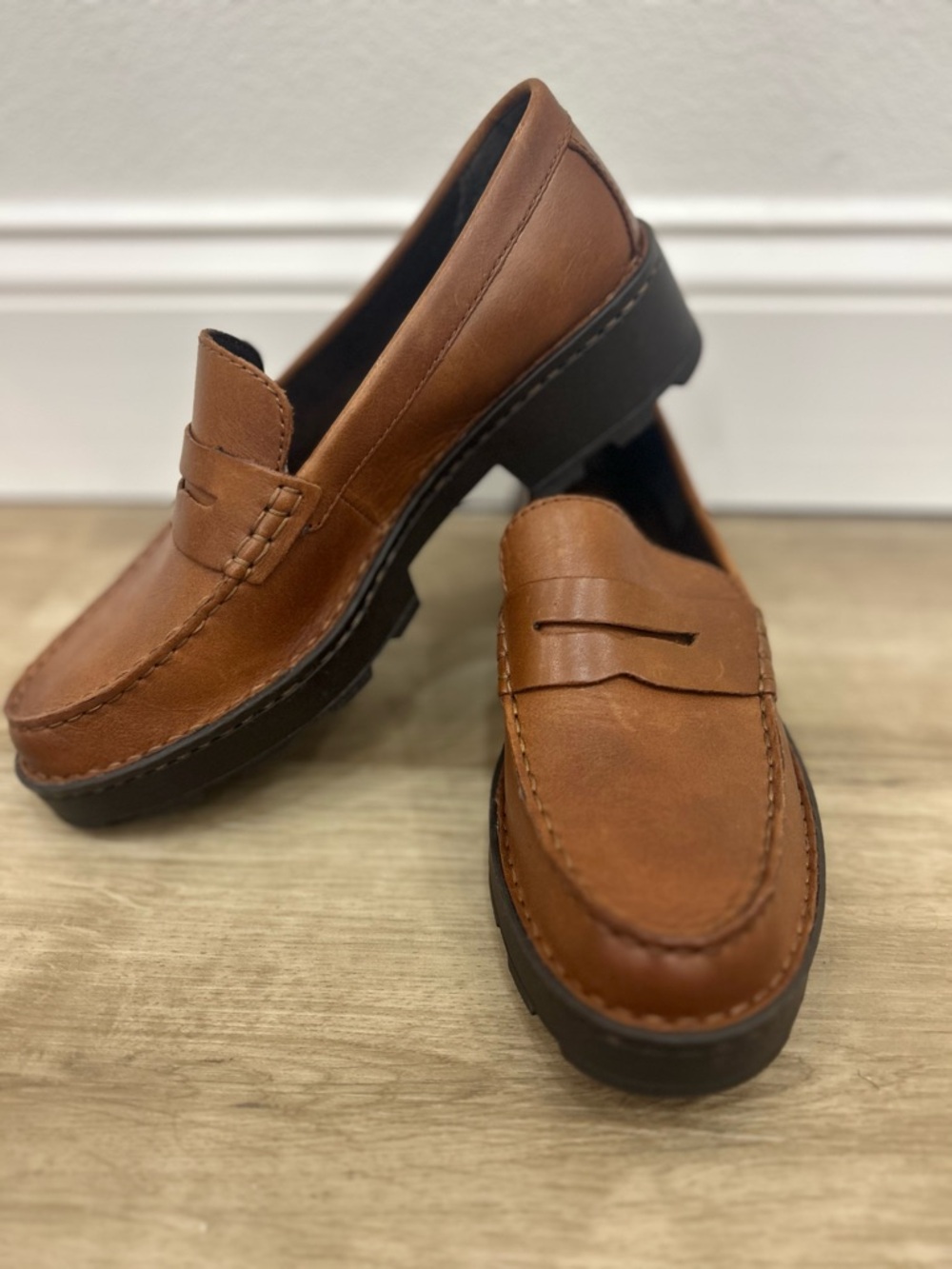 BORN Carrera Brown Leather Lug Sole size 8 Platform Penny Loafers retro y2k - Picture 2 of 4